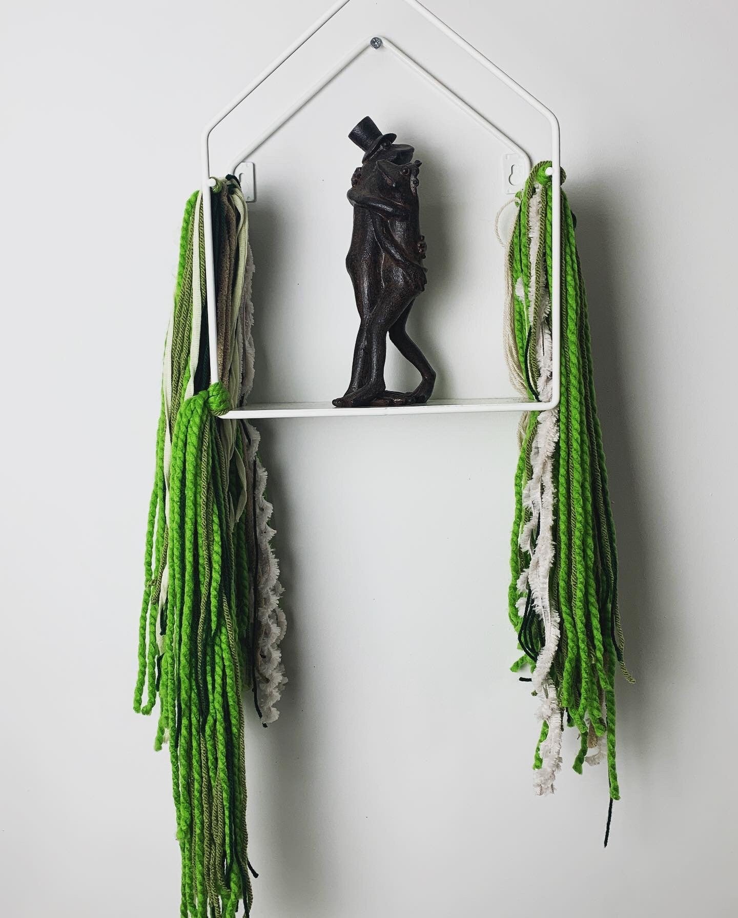 Green Boho Decorative Wall Shelves with Green Hanging Macrame, Yarn Wall Hanging, and Macrame Wall Art One Of a Kind