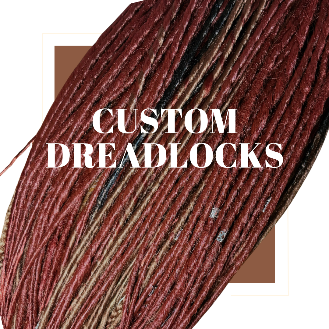 Close-up of custom dreadlocks with text overlay on a white background