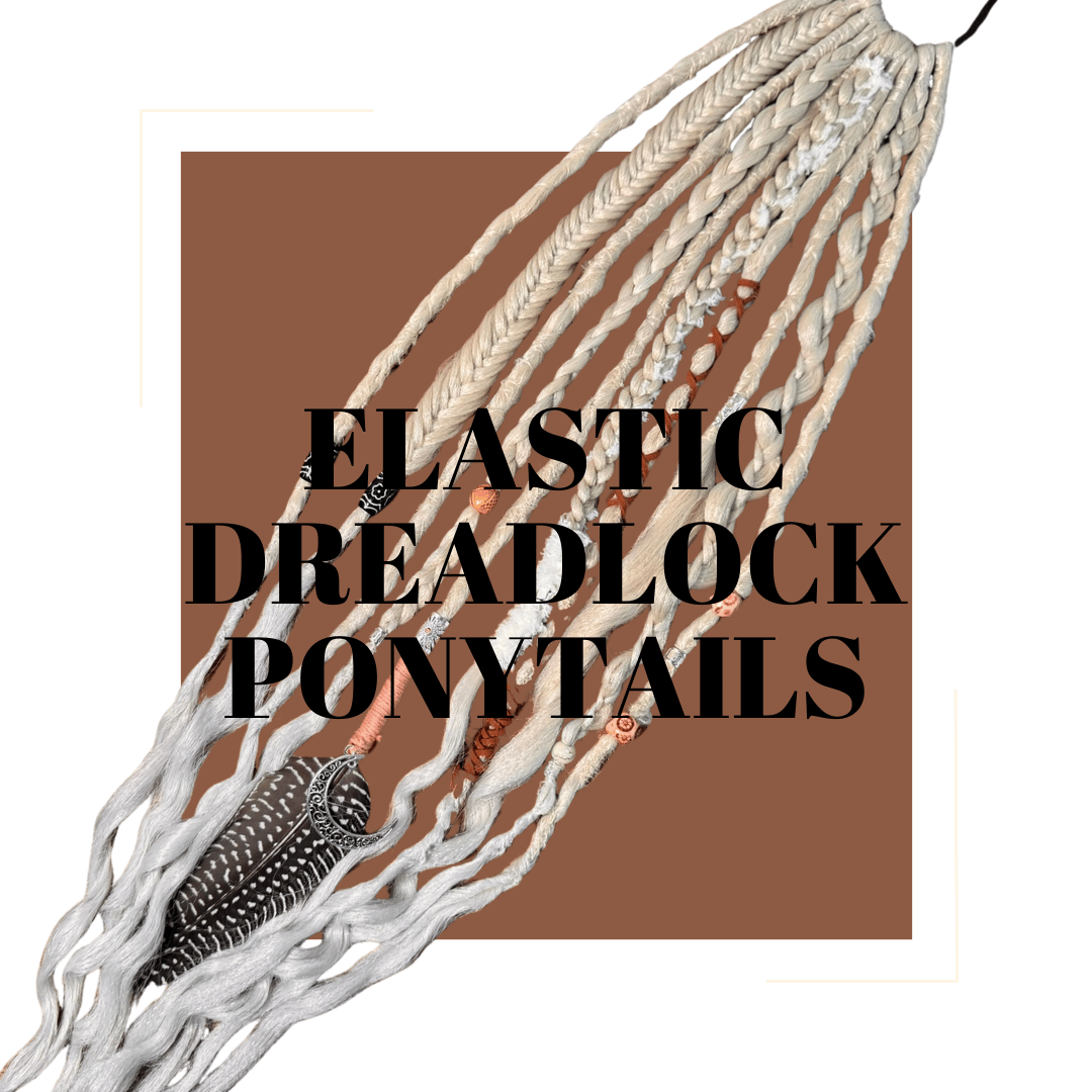 Elastic dreadlock ponytails with decorative elements on a brown background