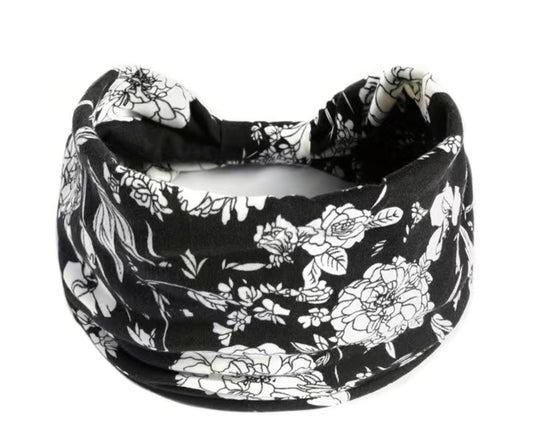 Extra wide Stretch Floral Black/White Headband