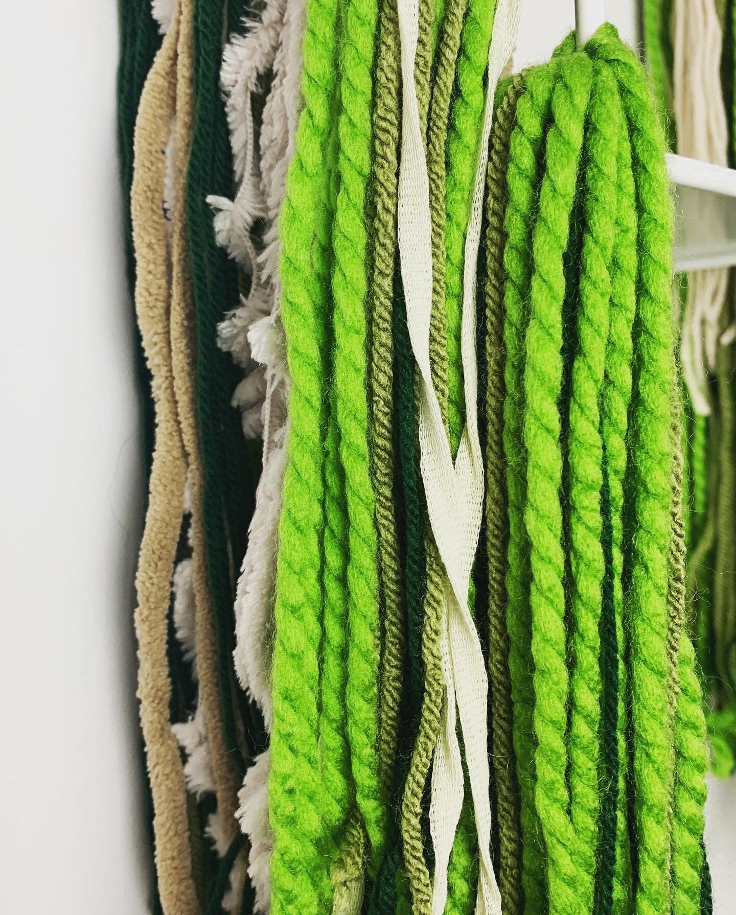 Green Boho Decorative Wall Shelves with Green Hanging Macrame, Yarn Wall Hanging, and Macrame Wall Art One Of a Kind