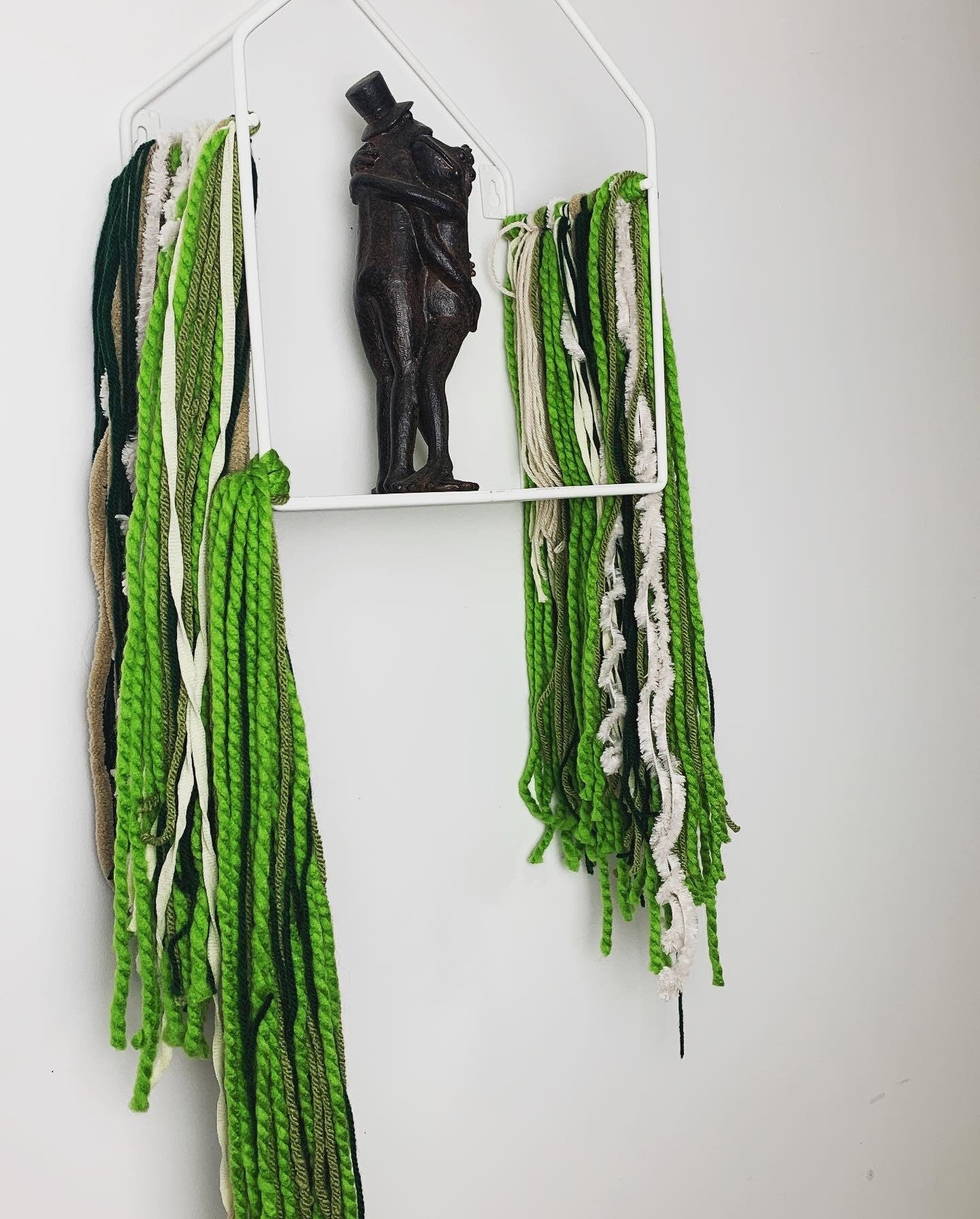Green Boho Decorative Wall Shelves with Green Hanging Macrame, Yarn Wall Hanging, and Macrame Wall Art One Of a Kind