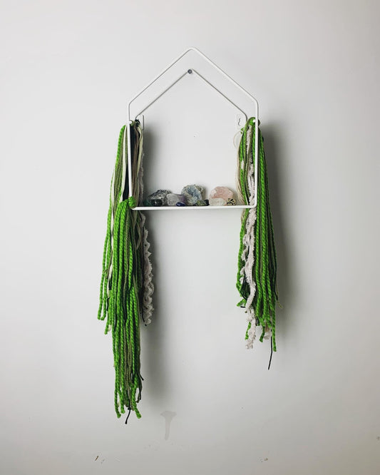 Green Boho Decorative Wall Shelves with Green Hanging Macrame, Yarn Wall Hanging, and Macrame Wall Art One Of a Kind